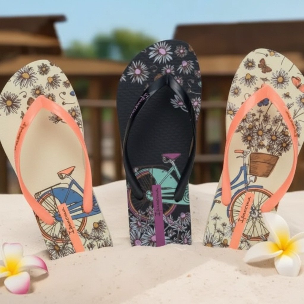 Moana-themed kids flip flops on a tropical beach